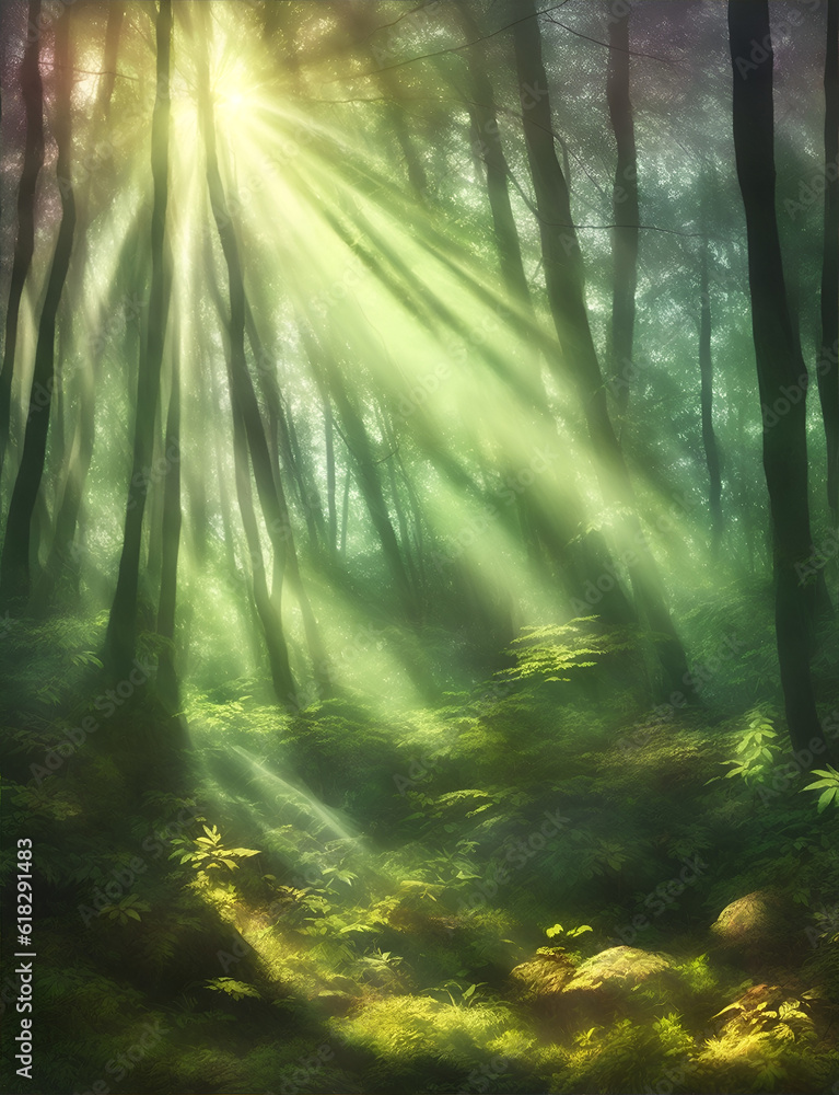 Obraz premium Morning forest landscape. AI generated illustration
