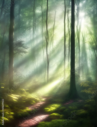 Morning forest landscape. AI generated illustration © vector_master