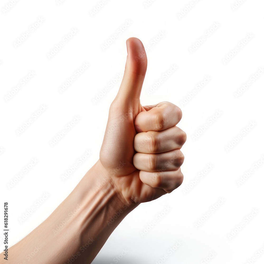 The hand shows a thumbs up on a white background. AI generative. The hand shows a thumbs up on a white background. AI generative.