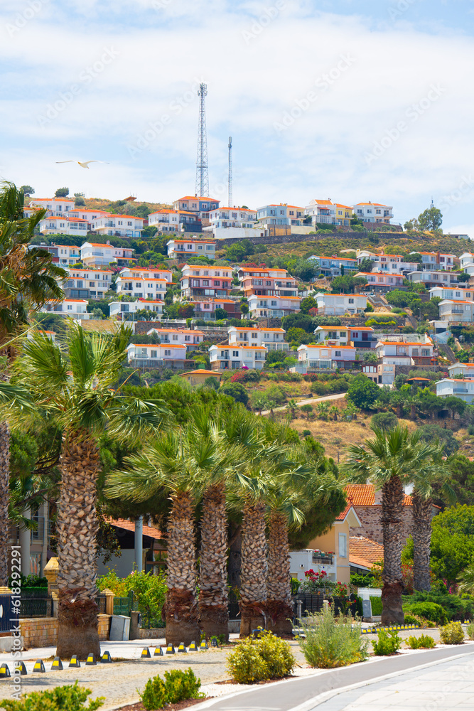 Holiday resort and holiday homes on the hill in İzmir Foça (Phokai). Tourism