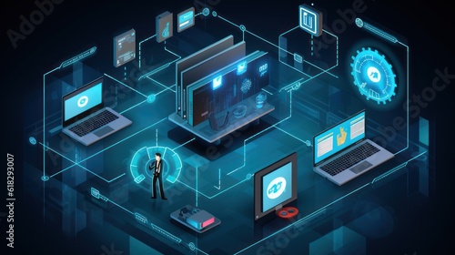 Illustrate a scene depicting robust network security measures, such as firewalls, intrusion detection systems, and encrypted communications