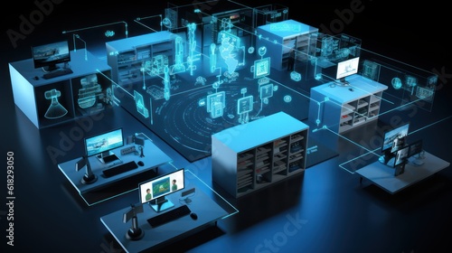 Illustrate a scene depicting robust network security measures, such as firewalls, intrusion detection systems, and encrypted communications