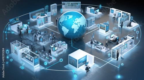 Illustrate a scene depicting robust network security measures, such as firewalls, intrusion detection systems, and encrypted communications