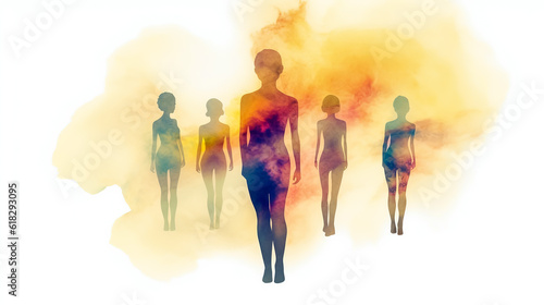 A group of female silhouettes in yellow smoke. Alcohol ink. AI generated.