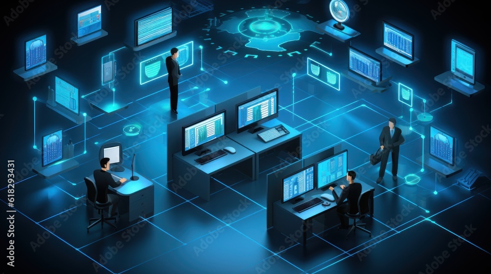 Illustrate a scene depicting robust network security measures, such as firewalls, intrusion detection systems, and encrypted communications Illustrate a scene depicting robust network security measures, such as firewalls, intrusion detection systems, and encrypted communications