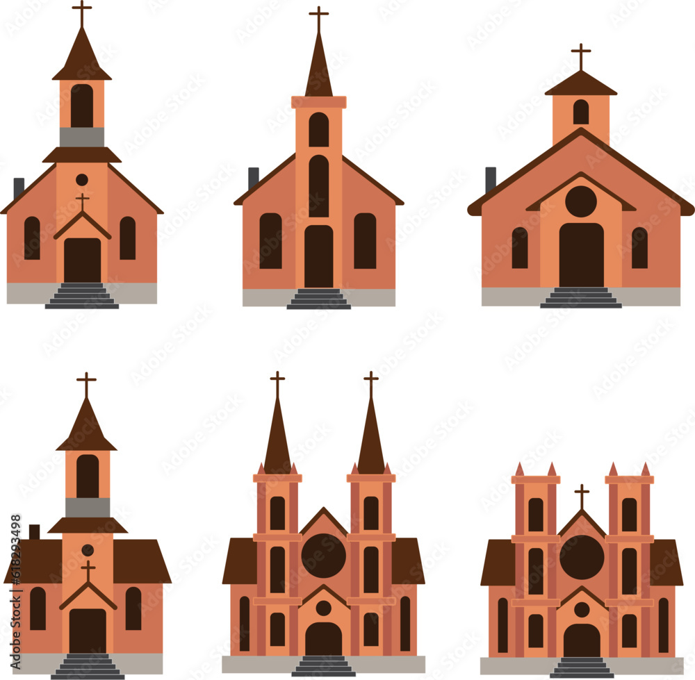 Religion church vector icon set. Flat style on isolated background. 