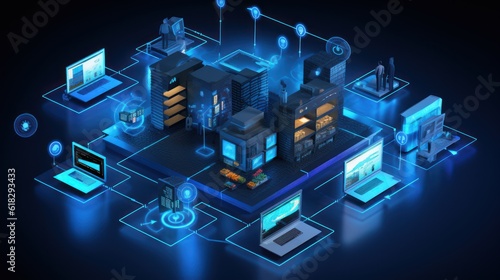 Illustrate a scene depicting robust network security measures, such as firewalls, intrusion detection systems, and encrypted communications