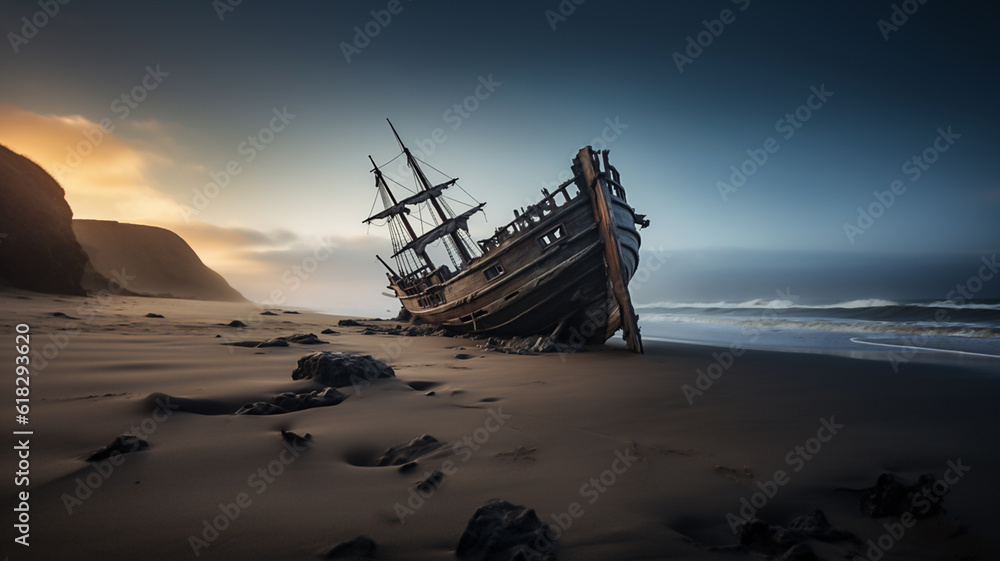 Lost Treasures Unveiled: Weathered Antique Wooden Shipwreck on a Seaside Shore Lost Treasures Unveiled: Weathered Antique Wooden Shipwreck on a Seaside Shore