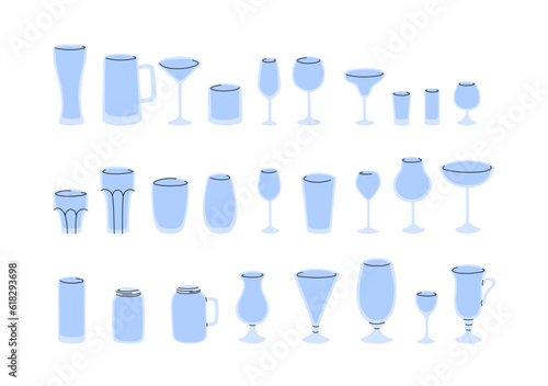 Vector empty glasses for alcohol and non alcohol drinks set. Doodle different types of drink glasses isolated illustration