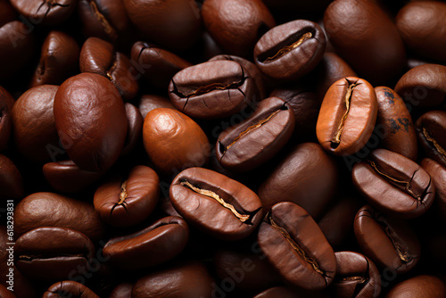Overhead view of large roasted coffee beans. Coffee wallpaper  texture background with lots of coffee beans. Generative AI photo.
