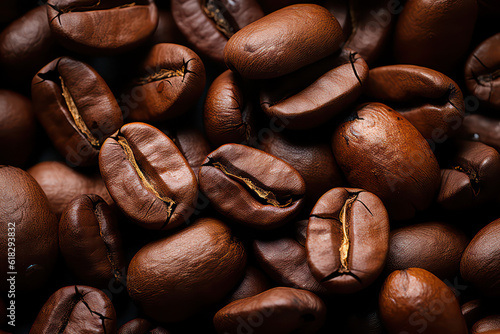 Overhead view of large roasted coffee beans. Coffee wallpaper, texture background with lots of coffee beans. Generative AI photo.