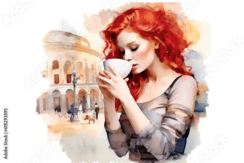 portrait of a beautiful woman with red hair in front of the Leaning Colosseum, italy.. watercolour painting. 