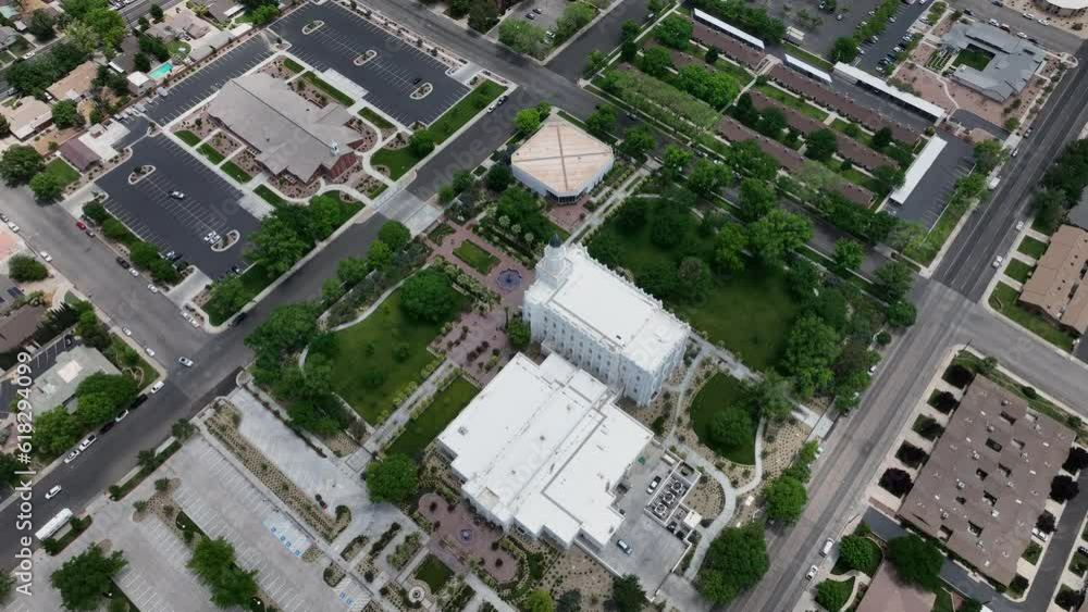 Aerial St George Utah LDS Temple circle full 3. Southwestern desert. Pioneer temple in residential area built in 1877. First LDS temple in Utah. The Church of Jesus Christ of Latter-day Saints. Aerial St George Utah LDS Temple circle full 3. Southwestern desert. Pioneer temple in residential area built in 1877. First LDS temple in Utah. The Church of Jesus Christ of Latter-day Saints.