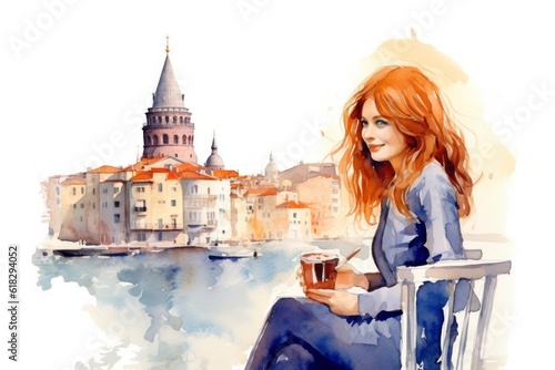 Beautiful female tourist having tea or coffee in front of galata tower. istanbul watercolour art works. Generative AI photo