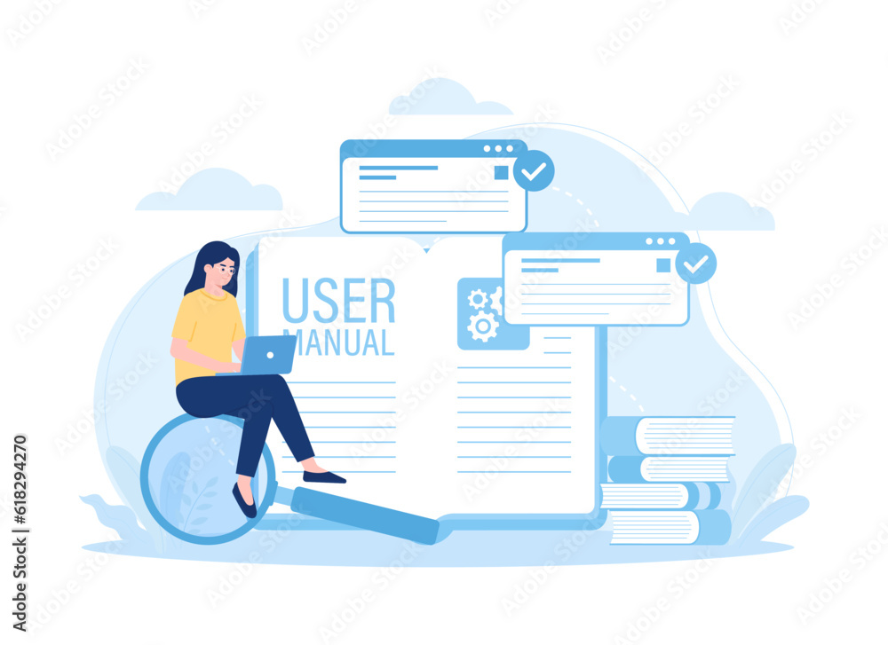 A woman reading the user manual using a laptop trending concept flat illustration A woman reading the user manual using a laptop trending concept flat illustration