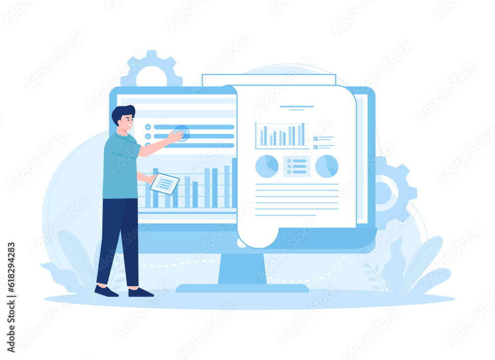 People synchronize data on computers with documents trending concept flat illustration People synchronize data on computers with documents trending concept flat illustration