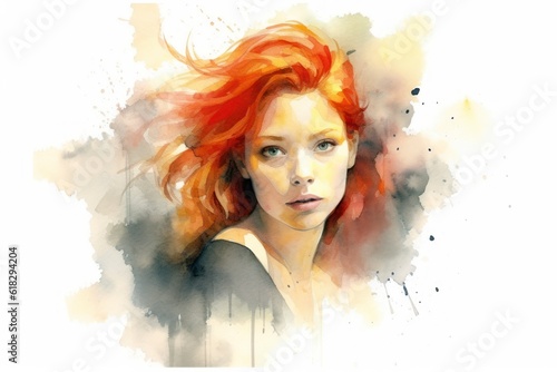 red-haired woman watercolour or oil painting concept art. Generative AI