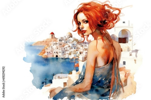 Beautiful tourist woman posing in Santorini. oil panting, Generative AI