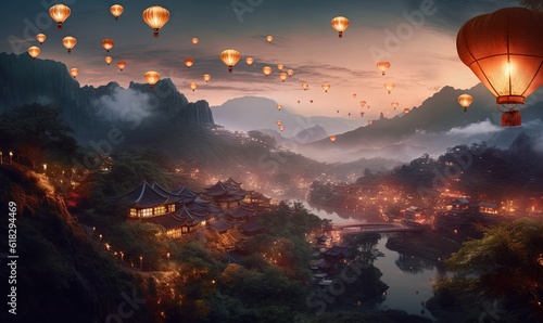  a painting of a chinese landscape with lanterns in the sky above a river and a bridge in the foreground with mountains in the background. generative ai