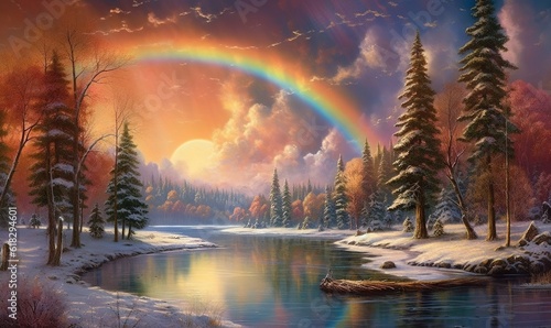  a painting of a rainbow over a snowy landscape with trees and a river in the foreground and a boat in the foreground, and a rainbow in the background. generative ai