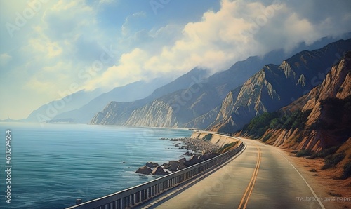  a painting of a road going into the mountains by the ocean with a view of the mountains and the ocean on the side of the road. generative ai