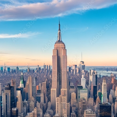 A majestic skyline of the Empire State Building and other towering skyscrapers in the heart of New York City. 