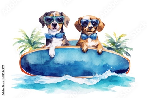 watercolour designed smiling dogs surfing, sunglasses, beach, sea details. Generative AI © ayselucar