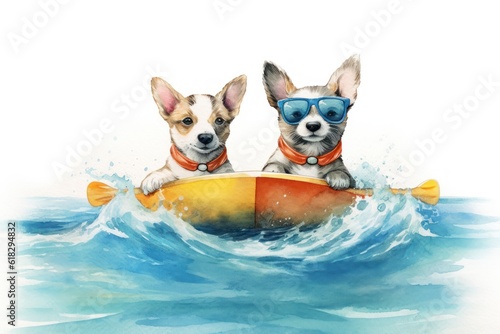 watercolour designed smiling dogs surfing, sunglasses, beach, sea details. Generative AI