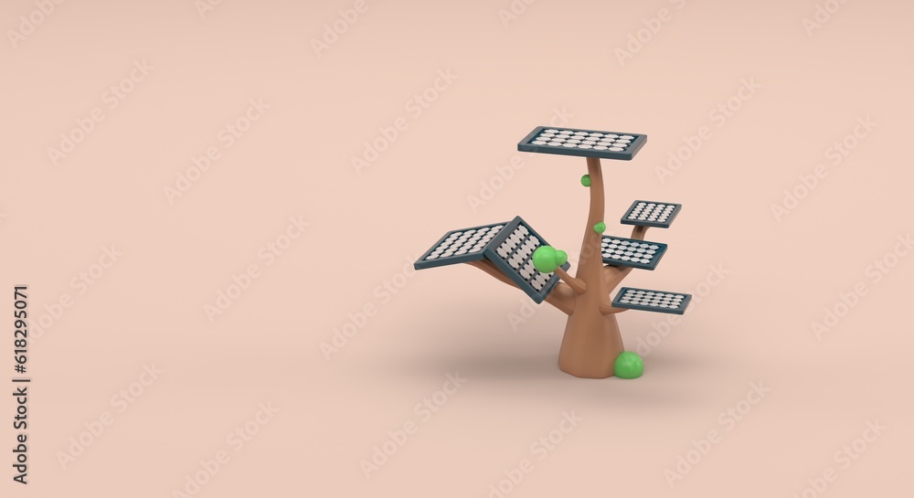 Tree with photovoltaic panels, tree with solar energy panels, tree generating energy (3d illustration) Tree with photovoltaic panels, tree with solar energy panels, tree generating energy (3d illustration)