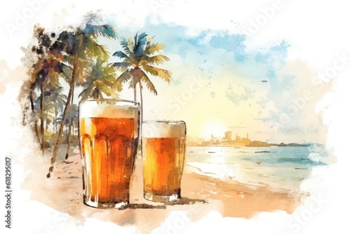 Cold beer, beach, sea and summer theme designed with watercolours. . oil painting, tshirt, sublimation printing. Watercolour Paint. Generative AI