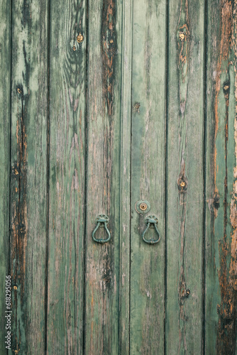 Vintage green entrance wooden door with classic deign door handles.