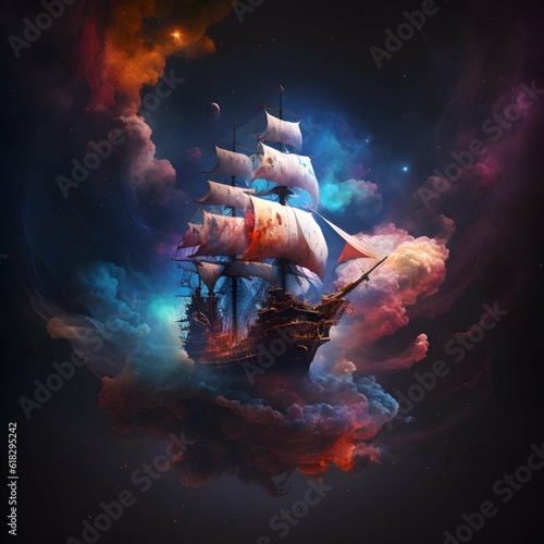 pirate ship floating in nebula space hd 8k  © Randy