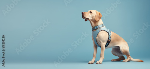 Light-colored Labrador guide dog. Adult purebred dog wearing harness standing sideways isolated on a flat blue background with copy space. Generative AI photo, banner template.