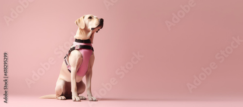 Light-colored Labrador guide dog. Adult purebred dog wearing harness standing sideways isolated on a flat pink background with copy space. Generative AI photo, banner template.