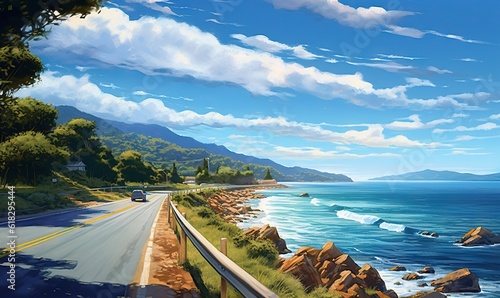  a painting of a road by the ocean with a car driving down it's road next to the ocean and a mountain range in the distance. generative ai