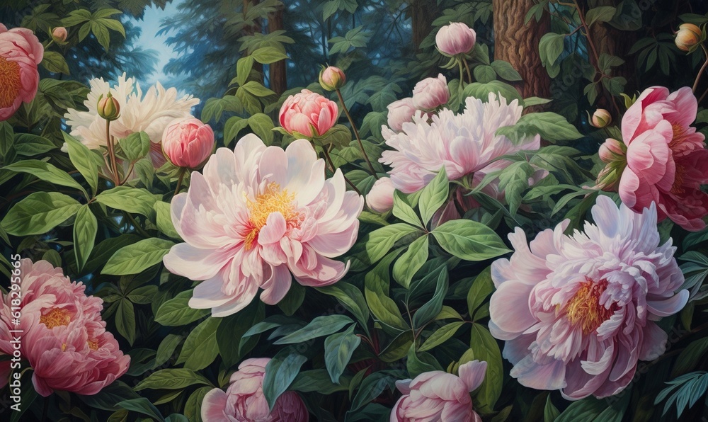 custom made wallpaper toronto digital a painting of pink and white flowers in a garden with green leaves and trees in the background, with a blue sky in the background. generative ai