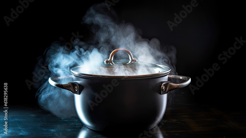 steam over cooking pot on black background