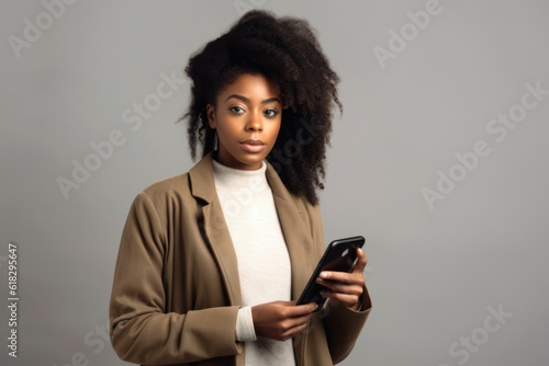 Serious black woman with smartphone