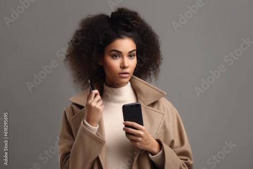 Thoughtful black woman with smartphone