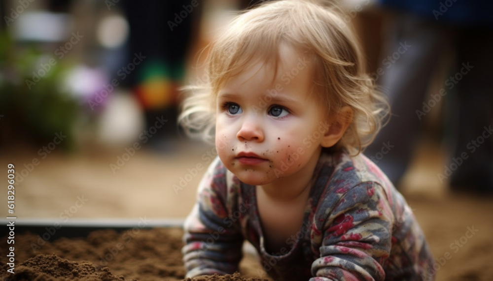 Smiling baby girl playing in the sand generated by AI Smiling baby girl playing in the sand generated by AI