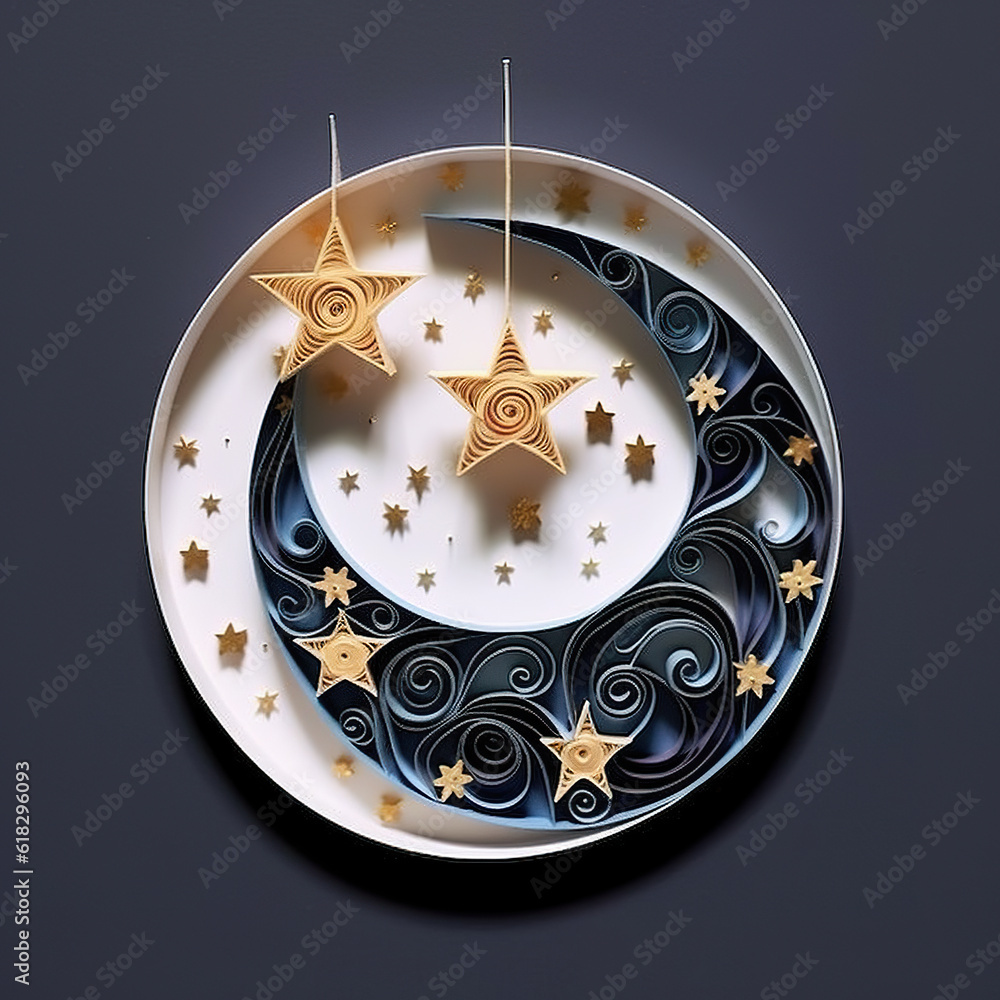 A plate with a crescent and stars on it. Generative AI. A plate with a crescent and stars on it. Generative AI.