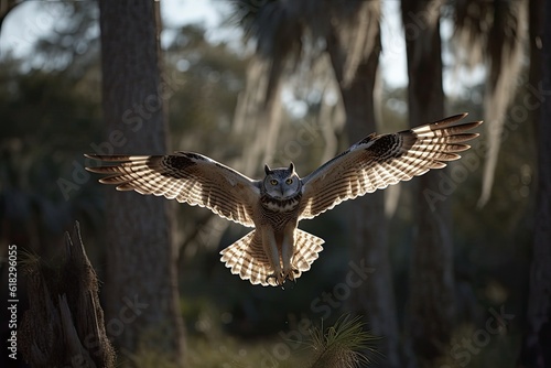 majestic owl soaring through a lush forest