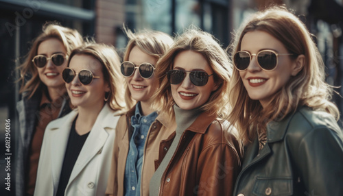 Smiling women in sunglasses enjoy city life together generated by AI