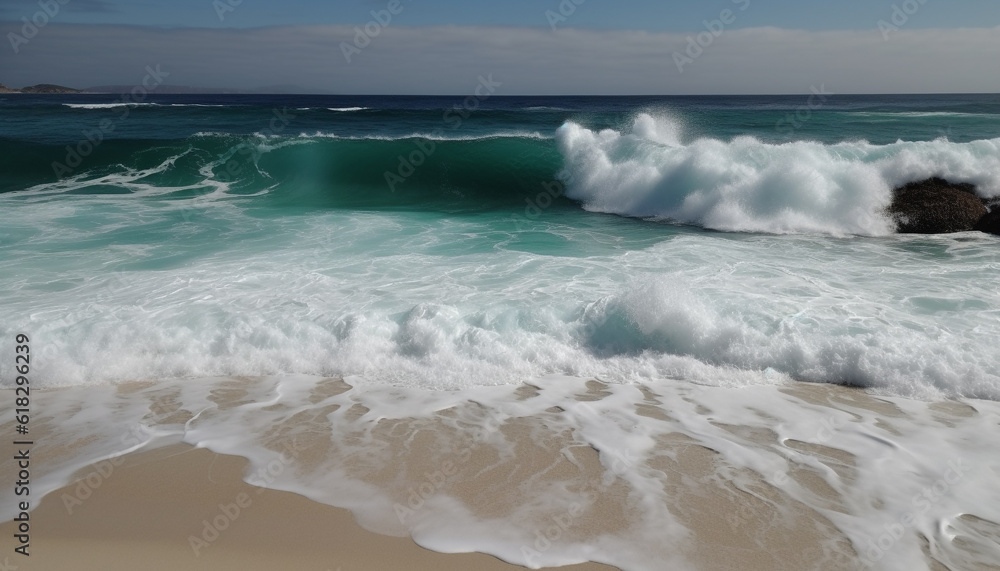 Fototapeta premium Breaking waves crash on tranquil sand shore generated by AI