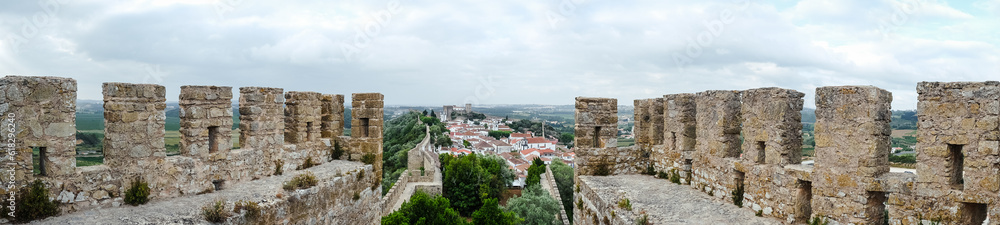Óbidos, the medieval muraled city on the west of Portugal. Panoramic view of an ancient castle of Europe.