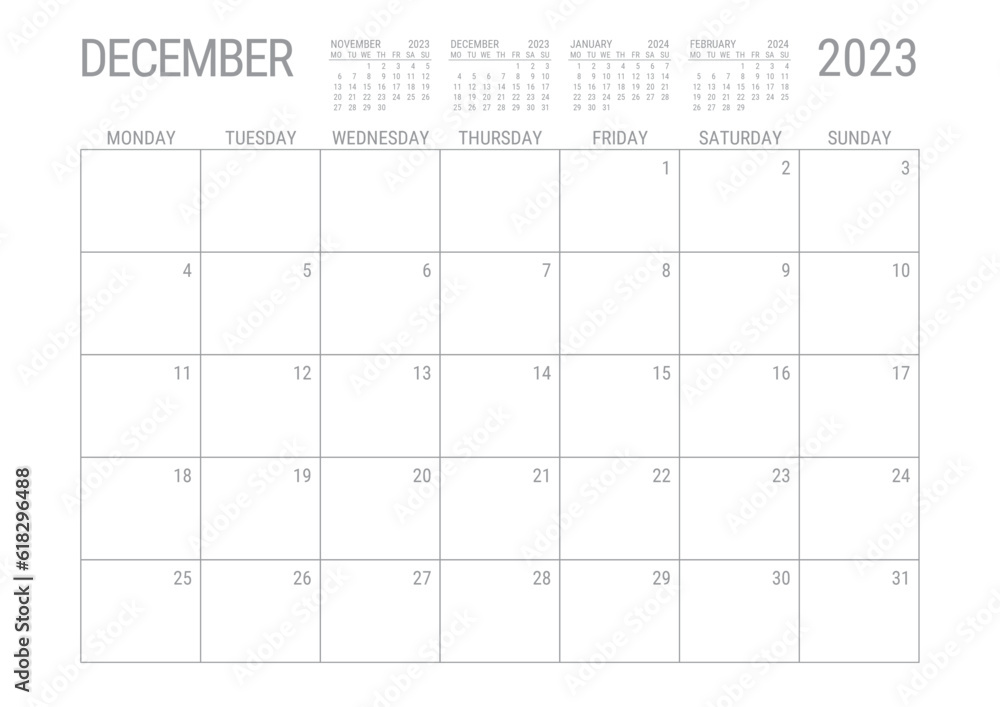 December Calendar 2023 Monthly Planner Printable A4 Monday Start - obrazy, fototapety, plakaty 