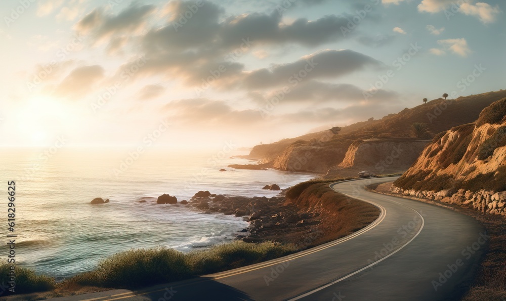  a winding road next to the ocean with a view of the sun rising over the ocean and a cliff on the other side of the road.  generative ai
