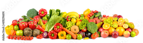 Wide collage of fresh fruits and vegetables for layout isolated on white background.