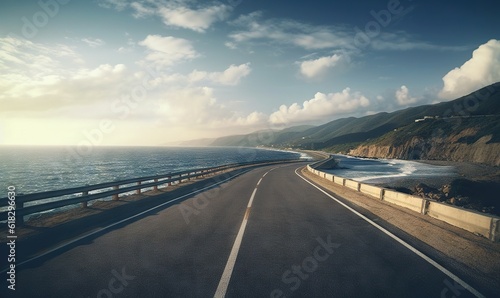  a long road next to the ocean with a view of the ocean from the side of the road on the other side of the road.  generative ai © Olga