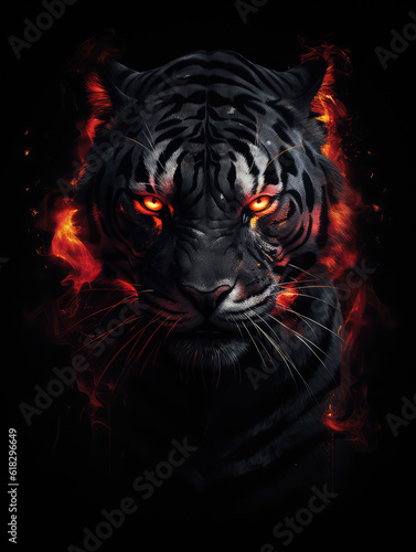 portrait of a black tiger with red eyes and red outline dark background generative ai